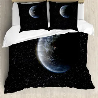 ABAKUHAUS Galaxis Bettbezug Set, Szenische Ansicht der Planeten-Erde vom Mond-dunklen Kosmos-Krater-Sciencefiction-Thema-Bild-Druck, 200 x 200 cm + 80 x 80 cm, Blau Schwarz - Blau, Schwarz