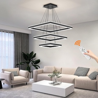 Mikeru LED Esstisch Pendelleuchte, 3-Ring Moderne Quadratischer Kronleuchter, Dimmbar mit Fernbedienung Deckenbeleuchtung, Oberer und unterer beleuchteter Wohnzimmerlampe