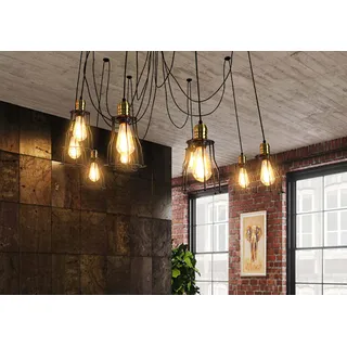 Pendelleuchte HWC-H81, Hängeleuchte Hängelampe, Industrial Metall höhenverstellbar schwarz ~ 9x Käfi