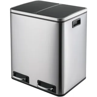 Clevich Mülleimer Küche 30L, Mülltrennsystem 2 Fächer, 2 x 15 Liter,Müllbeutel Büro, Abfalleimer, Treteimer, recycelbare Abfälle, Biomüll, Softclose-Deckel, Edelstahl,Silber