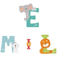 Sevi Tier Holzbuchstaben Name Emil ca. 10 cm, Türbuchstaben für Kinderzimmer, ABC Lernspielzeug aus Holz, pädagogisches Spielzeug für Kinder ab 3 Jahre, Kindernamen Buchstaben Tiere, Mehrfarbig
