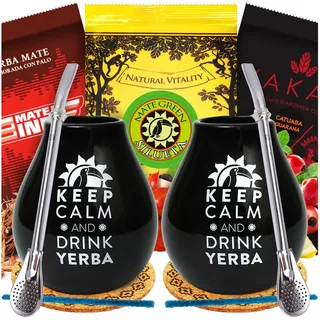 Yerba Mate-Tee STROM Set für Zwei | Schwarz Keramik mate-tee becher 350ml x2 | Brasilian und Paragua Mate-Tee Set 3x50g mit Guarana, Krauter und Frucht | Stahl Trinkhalm Bombilla