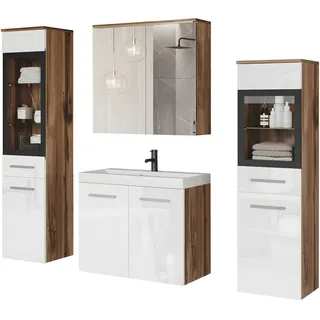 WELLTIME Badmöbel-Set »MADRIT II, Schrank mit Waschbecken, 2 Hänger, Spiegelschrank« Komplett-Set, 5 Stk. tlg., weiß