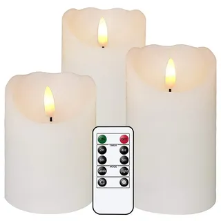 Eldnacele Flammenlose flackernde Kerzen mit Fernbedienung, 3D-Docht, echtes Wachs, batteriebetriebene weiße Stumpenkerzen mit Timer, Set von 3 Stück, für Zuhause, Hochzeit, Weihnachten