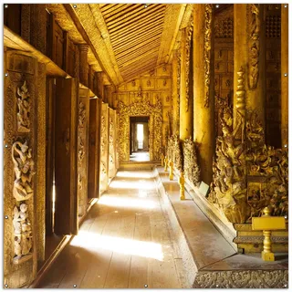 Wallario XXL Outdoor-Poster für Garten oder Balkon, Motiv Buddhistischer Tempel aus Holz - Mandaley, in ca. 200 x 200 cm - Schwarz