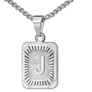OIDEA Halskette mit Buchstabe J Silber: Unisex Charme Kette für Herren/Damen A-Z Buchstabe Anhänger Rechteck Dog Tag Kette aus Edelstahl Weizenkette Schmuck Geschenk für Männer Frauen
