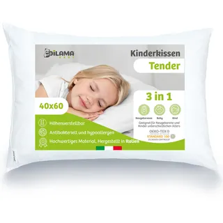 Dilamababy - Kinder Kopfkissen 40x60 cm höhenverstellbar - Ergonomisches Kinderkissen mit Faserbällchen - 100% Baumwolle Perkal Öko-Tex - Hypoallergen, Anti-Milben & Waschbar