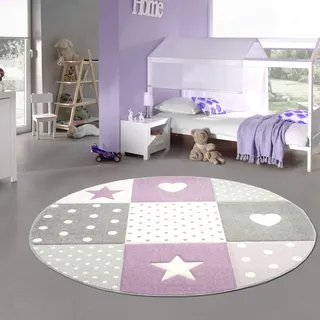Teppich-Traum Kinderteppich Rund Herz Sterne Punkte Lila Grau Ø 160 cm | Weich, pflegeleicht, farbecht, langlebig, allergikerfreundlich, schadstofffrei und für Fußbodenheizung geeignet