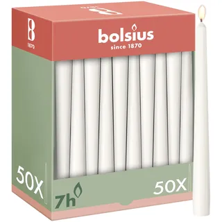 Bolsius Glatte Spitzkerzen - Weiß - 50 Stk. - 24,5 cm - Dekorative Haushaltkerzen - Brenndauer 7 Stunden - Unparfümierte - Enthält Natürliches Pflanzenwachs - Ohne Palmöl