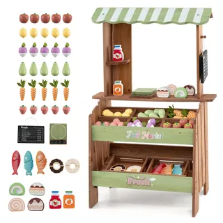 FANTASK Kinder Kaufladen mit Waage, Kreidetafel und 43 Zubehör | Verkaufsstand aus Holz mit 6 Fächern und 2 Boxen, Spiel-Kaufladen für Kinder ab 3 Jahren