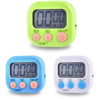 3 Stück Eieruhr, Timer LCD Digital mit Einklappbarer Ständer Und Magnet, küchentimer, Stoppuhr für Kochen Backen Sport Kinder Studieren (blau, weiß, grün)