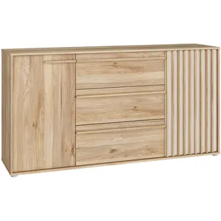 Forte ARANK Kommode 160 170, Scandi-Stil mit Lamellendetails,3 Schubladen, 2 Türen, Jugendzimmer, Mauvella Eiche Holzdekor/Kaschmir Beige, 162,5 cm breit x 84,9 cm hoch x 41,7 cm tief