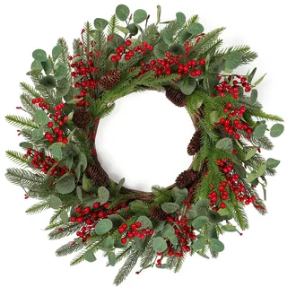 Betylifoy Weihnachtskranz Türkranz Weihnachten 60CM Großer Weihnachtstürkranz mit Beeren Tannenzapfen Eukalyptus Girlande für Weihnachten Winter Haustür Kamin Dekorationen