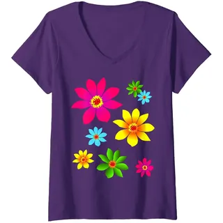 Damen Bunte Blumen, farbenfroh, blühend, Blüte, blumig, floral T-Shirt mit V-Ausschnitt, Violett, XXL
