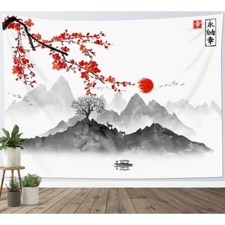 LB Wandteppich japanisch Wandtuch Rote Kirschblüte und Sonne Wandbehang Grauer Schwarzer Berg Tapisserie für Wohnzimmer Schlafzimmer Wohnheim Wanddeko,235x180 cm