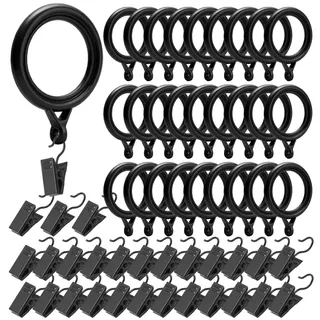 50 Stück Gardinenringe mit Clips Gardinenringe mit Haken Kunststoff Vorhangringe und Metall Gardinenhaken für Ringe Gardinen Zubehör für Fenster, Türen, Duschvorhänge Innendurchmesser 35 mm, Schwarz