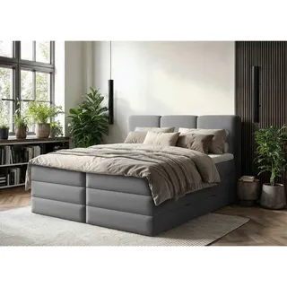 Mid.you Boxspringbett , Anthrazit , Kunststoff , H2 + H3 , Höhe ca. 19 cm , 160x200 cm , Bettkasten, gepolstertes Kopfteil, Topper durchgehend, Wendematratze mit unterschiedlichen Härtegraden, Matratze geteilt , Holzmöbel, Holzbetten, Boxspringbetten Holz
