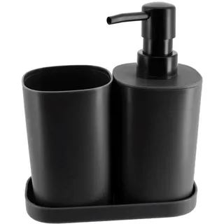 Tienda Eurasia Badezimmer-Set - 3er-Set Badezimmerzubehör: Spender, Seifenschale, Bürstenhalter (Schwarz, Polypropylen, Modern)