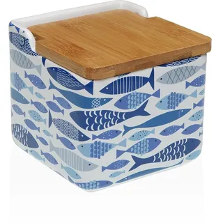 DRW Salzstreuer für blaue Fische aus Keramik mit Deckel, 11,5 x 12,2 x 12,2 cm