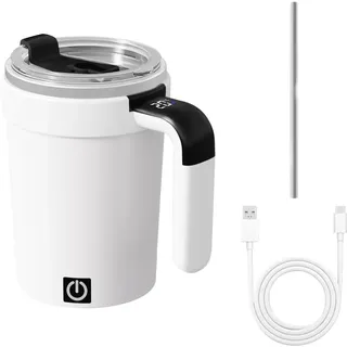 MiOYOOW Selbstrührender Kaffeebecher, Magnetischer Automatische Mischen Kaffeetasse mit Deckel und Strohhalm, Temperaturanzeige, 380ml Reise Kaffeebecher für Zuhause, Auf Reisen und Im Büro