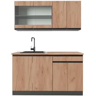 Vicco Singleküche R-Line Goldkraft Eiche/Anthrazit 140 cm J-Shape, AP Eiche, Model 42887 - Braun, Dunkelgrau