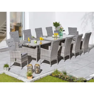 Konifera Garten-Essgruppe »Belluno«, grau H:100cm, Polyrattan), 2 der 10 Sessel, stufenlos verstellbar, Tischplatte aus Sicherheitsglas