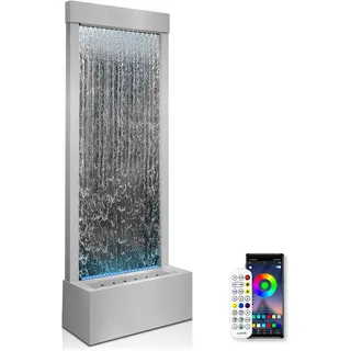 LONGRUN Gartenbrunnen Groß, Zimmerbrunnen Wasserfall mit Bluetooth Kontrolle LED Beleuchtung, 45,5x20x123cm Edelstahl Garten Wasserwand Innenbereich mit Pumpe, Moderne Zierbrunnen Wasserfall - Silber