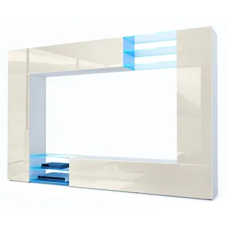 Vladon Wohnwand Mirage, (Anbauwand mit Rückwand mit 2 Türen, 2 Klappen und 6 offenen Glasablagen), Weiß matt/Creme Hochglanz, inkl. LED-Beleuchtung (262 x 183 x 39 cm) gelb