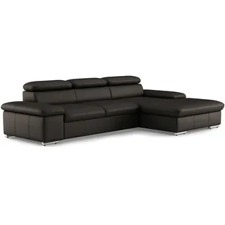 CAVADORE Leder-Schlafsofa Valerie mit XL-Longchair / Eckcouch mit Schlaffunktion, Kopfteilverstellung + großem Longchair / 286 x 73 x 174 / Echtleder Dunkelbraun