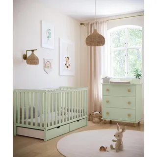 ZEE BAMBI Mint Babybett 140x70 cm 2in1 mit 2 Schubladen & Schutzbarriere Klassisches Gitterbett 3-Fach Höhenverstellbar Kinderbett mit Beißschutz - Türkis