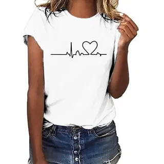 Tshirt Damen Lässige Elektrokardiogramm Druck Oberteile Herzschlagkurve Pullover T-shirt Einfarbiges Basic Shirt Rundhals Kurzarm Sommer Tops Lockere All-Match Tunika Bluse Laufshirt Sportshirt