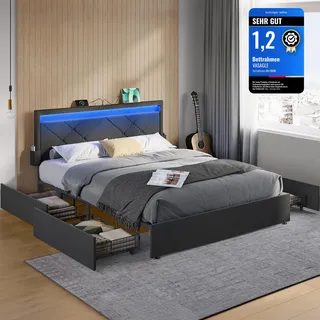 VASAGLE Doppelbettgestell, Bettgestell, 160 x 200 cm, LED, Metallbett, 4 Schubladen, Ladestation, verstellbares gepolstertes Kopfteil, schiefergrau-Mattschwarz RMB828G02