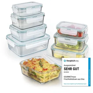 GOURMETmaxx Glas-Frischhaltedosen Klick-it 8er Set | Als Brotdose oder für Meal Prep | Spülmaschinen- Mikrowellen- und Gefrierschrankgeeignet | Aufbewahrungsbox mit Deckel