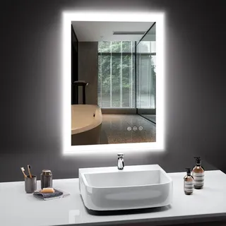 Yourlite Badspiegel mit Beleuchtung 50x60cm,Badezimmerspiege,Touch-Schalter | LED Badezimmer Wandspiegel,Bad Spiegel Ohne Rahmen,3 Lichtfarben Dimmbar,Speicherfunktion,Beschlagfrei,Vertikal