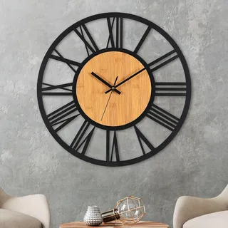VIVILINEN Wanduhr groß 40cm aus Holz und schwarzem Metall römischen Ziffern