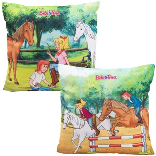 United Labels Bibi & Tina Kissen, Kopfkissen 30x30 cm, Bunt, Sofakissen mit Pferdemotiv, Dekokissen für Fans