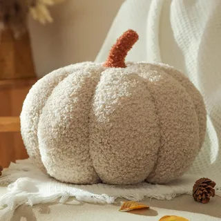 Yhoelata Halloween Kürbis Kissen Groß, Kissen Kürbisform Cremeweiß Dekokissen, Herbst Zierkissen Aesthetic Sofakissen Teddysamt Kissens, Bett Deko Kissens Runden für Kind Schlafzimmer, Geschenk 30 cm