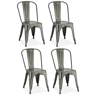 Ibbe Design 4er Set Grau Stahl Stapelstuhl Vintage Industrial Bistrostühle Küchenstühle Stapelbar Metall Stuhl Valerie, Belastbar 150 kg, 43x51x85 cm