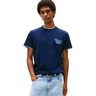 Tommy Hilfiger Tommy Jeans Herren T-Shirt Kurzarm Slim Font Play mit Rundhalsausschnitt, Blau (Dark Night Navy), S