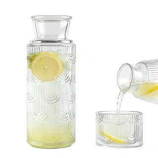 Tutamaz Nachttisch Wasserkaraffe Set, Wasserkaraffe mit Deckel aus Glas Glaskaraffe 820ml +180ml Karaffe Glas für Gästezimmer Nachttisch Wohnzimmer für Hausgemachte Getränke Eistee Milch Kaffee Wein,T
