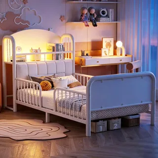 Merax Polsterbett Kinderbett 90x200cm mit LED-Lichtleiste und Sicherheitsgitter, Metallbett mit Gepolstertem Kopfteil, Einzelbett mit Ablagefach, Weiß - Weiß