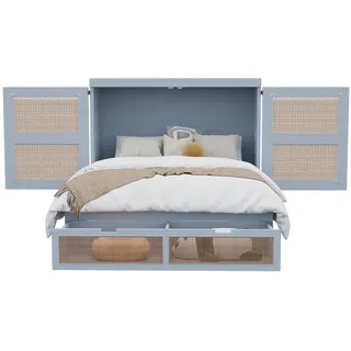 Modfu Bett aus Holz 140x200 cm Grau mit Lattenrost, Stauraumschubladen und Rattan-Design , Holzwerkstoff , 135x190 cm , Schlafzimmer, Betten