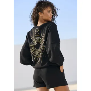 Sweatshirt BUFFALO, Damen, Gr. 36/38, schwarz, Sweatware, Obermaterial: 60% Baumwolle, 40% Polyester, bedruckt, unifarben, loose fit hüftlang, Rundhals, Rippbündchen, Sweatshirts Sweatshirt, Loungeshirt mit großem Rückenprint- mit Glanz-Effekt, Loungewear, Topseller