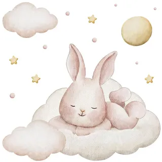 Wallfluent Wandaufkleber 80x69cm - Ein Häschen auf den Wolken , Multicolor , Kunststoff , Rechteckig , 80x69x0.1 cm , Tapeten & Wandverkleidungen, Wandtattoos & Sticker, Wandtattoos