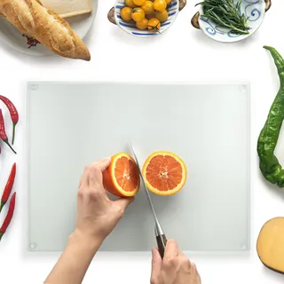 Kitchenville Glasschneidebrett 40×30 cm – Hygienisches Schneidebrett aus gehärtetem Glas – Hitzebeständig, Kratzfest & Rutschfest – Glasplatte für die Küche – Gewebte Struktur