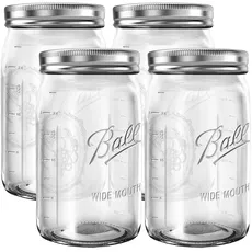 Ball Mason Jars Wide Mouth 900 ml Bundle mit rutschfestem Glasöffner Marke BHL Gläser - Set mit 4 l Einmachgläsern - Einmachgläser mit Deckel