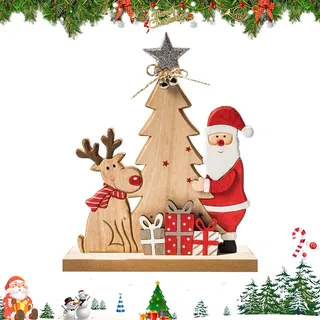 PIujsym Weihnachtsdeko Holz - Weihnachtsmann Figur mit Rentier und Weihnachtsbaum Holz Groß, Festliche Weihnachtsdekorationen Innen als Tischaufsteller für Wohnzimmer Adventszeit