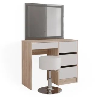 Vicco Schminktisch Sherry, 90 cm mit LED-Spiegel und Hocker, Sonoma/Weiß - Weiß, Braun