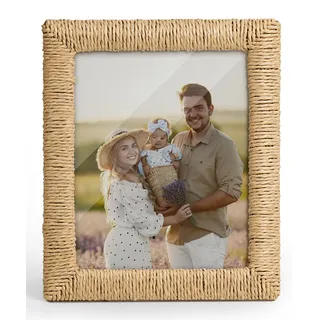 Afuly Bilderrahmen 20x25 cm Boho Fotorahmen Holz Beige Handgefertigt Papier Seil Tisch Wand Deko Wohnzimmer Hochzeitsgeschenk Geburtstag Umzug Jahrestag Geschenke für Frauen Mama Couple Freunde Family