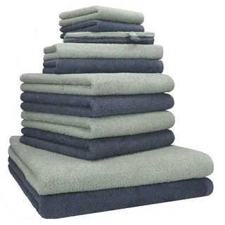 Betz Berlin Handtuch-Set 12-teilig – 100% Baumwolle – Oeko-TEX® Zertifiziert – 360g / m2 Grammatur – Duschtücher, Handtücher, Gästetücher & Waschhandschuhe Farbe Jade - dunkelgrau